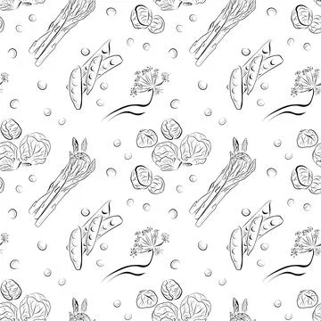 Seamless pattern of line drawings asparagus, Brussels sprouts, peas, and plants Stock Illustration