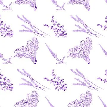 A seamless pattern of line drawings featuring a set of herbs and flowers. Stock Illustration