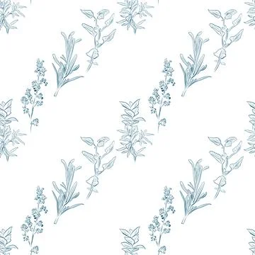 A seamless pattern of line drawings featuring a set of herbs and flowers Stock Illustration