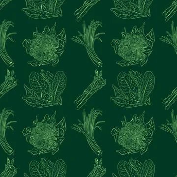A seamless pattern of line drawings featuring cauliflower, lettuce, green onions Stock Illustration