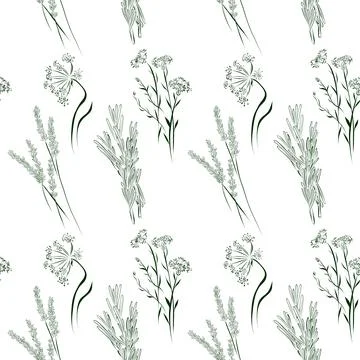 A seamless pattern of line drawings featuring a set of herbs and flowers Stock Illustration
