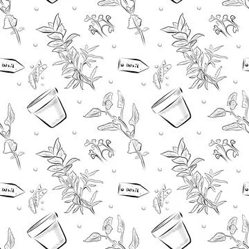 A seamless pattern of line drawings a pot with sprouts, a sign with the Stock Illustration