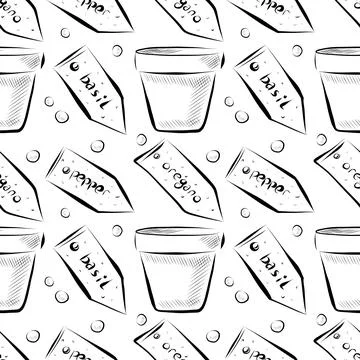 A seamless pattern of line drawings a pot, signs with the words Basil, Pepper Stock Illustration