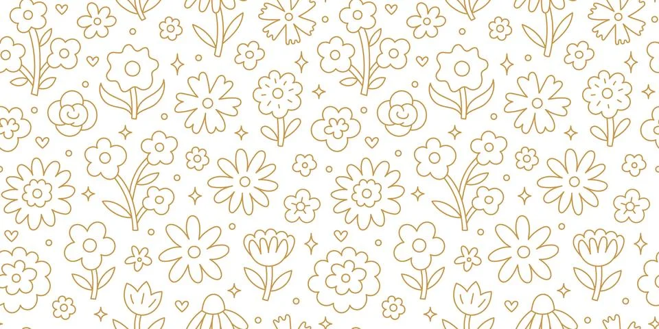 Seamless pattern with line flowers in naive Scandinavian folk art style on white 스톡 일러스트