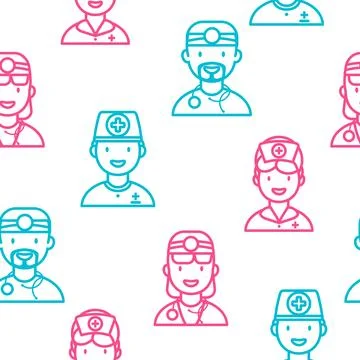 Seamless Pattern with Line Icons of Nurses and Doctors. Vector illustration. Stock Illustration