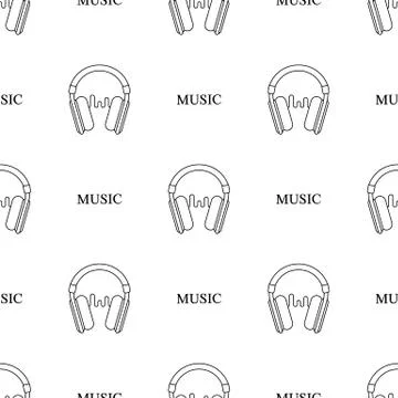 Seamless pattern with line style icon of headphone with sound wave. Vector. Stock Illustration