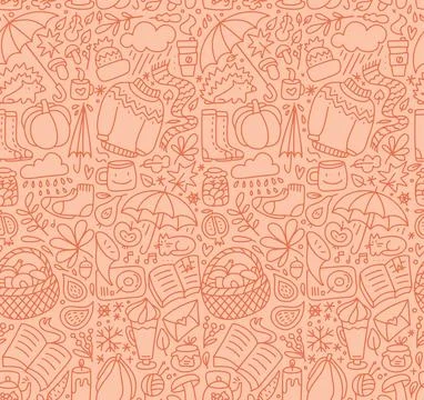 Seamless pattern with linear autumn doodles. Cute attributes, cozy fall elements Illustrazione stock