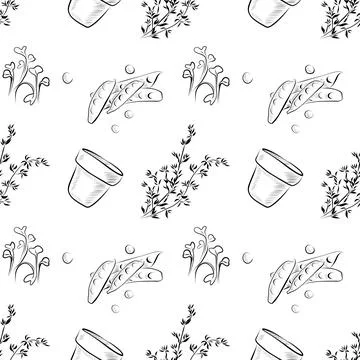 A seamless pattern of linear drawings of a pot, sprouts, greenery, and peas Stock Illustration