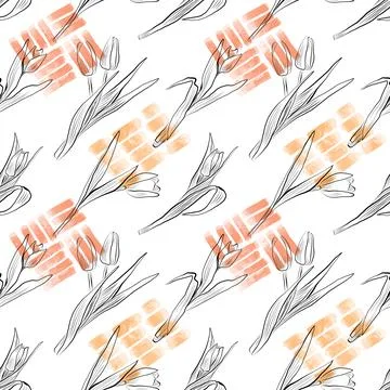 Seamless pattern of linear drawings of tulip flowers. Minimalistic illustration. Stock Illustration