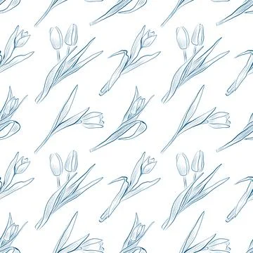 Seamless pattern of linear drawings of tulip flowers. Minimalistic illustration. Stock Illustration