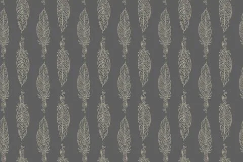 Seamless pattern with linear feathers on a gray background vector Stock Illustration
