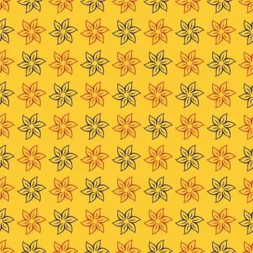 Seamless pattern of linear flowers of red and blue color on yellow gold patte Stock Illustration