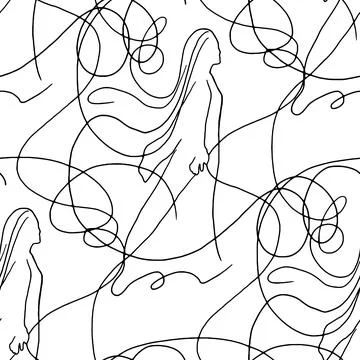 Seamless pattern linear girl black and white Stock Illustration