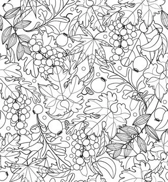 Seamless pattern with linear grapes and rowan berries in black and white Illustrazione stock