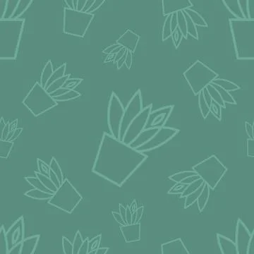 Seamless pattern with linear houseplants on the green background Stock Illustration