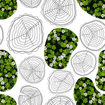 Seamless pattern linear log cabins of trees sour flowers Stock Illustration