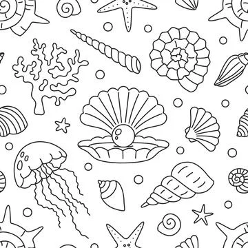 Seamless pattern with linear ocean elements like shells, jellyfish and  sta.. Stock Illustration