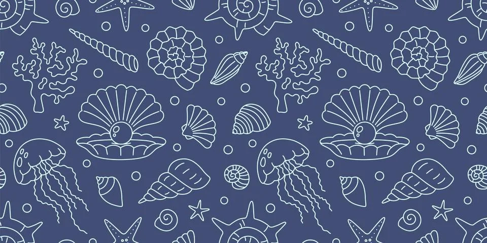 Seamless pattern with linear ocean elements like shells, jellyfish, corals .. 스톡 일러스트
