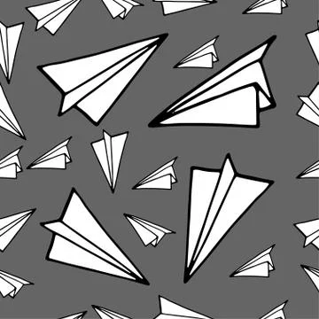 Seamless pattern with linear paper planes. Hand drawn background. Stock Illustration