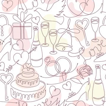 Seamless pattern with linear romantic symbols and abstract color shapes Stock Illustration