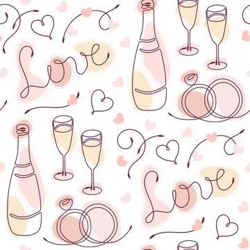 Seamless pattern with linear romantic symbols and abstract color shapes Stock Illustration