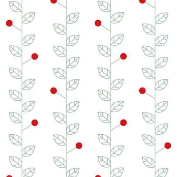 Seamless pattern with linear simple leaf brances, cherry berries. Can use for Stock Illustration