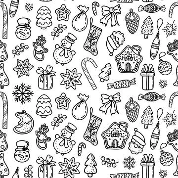 Seamless pattern of linear Xmas icons on white background 스톡 일러스트