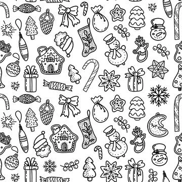 Seamless pattern of linear Xmas icons on white background 库存插图