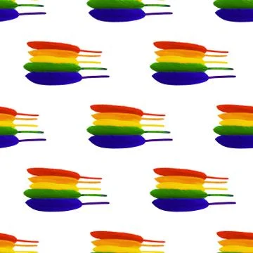 Seamless pattern of lined in rainbow colored bird feathers on a white backgro Foto stock