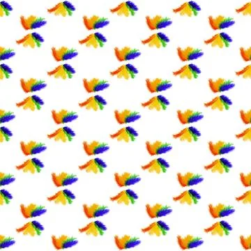 Seamless pattern of lined in rainbow colored bird feathers on a white backgro Foto stock