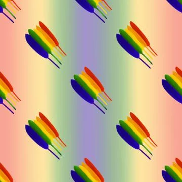 Seamless pattern of lined in rainbow colored bird feathers on a rainbow backg Foto stock