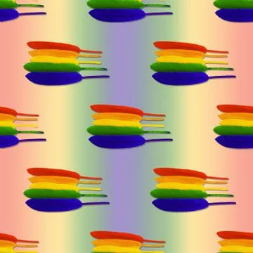 Seamless pattern of lined in rainbow colored bird feathers on a rainbow backg Foto stock