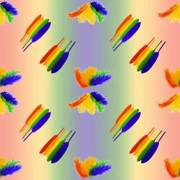 Seamless pattern of lined in rainbow colored bird feathers on a rainbow backg Foto stock