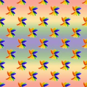 Seamless pattern of lined in rainbow colored bird feathers on a rainbow backg Foto stock
