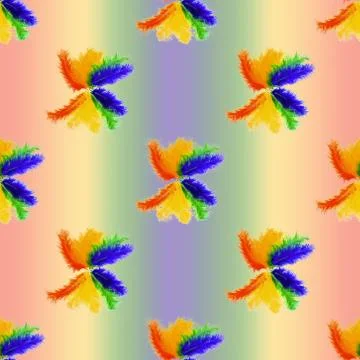 Seamless pattern of lined in rainbow colored bird feathers on a rainbow Foto stock
