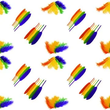 Seamless pattern of lined in rainbow colored bird feathers on a white background 스톡 사진