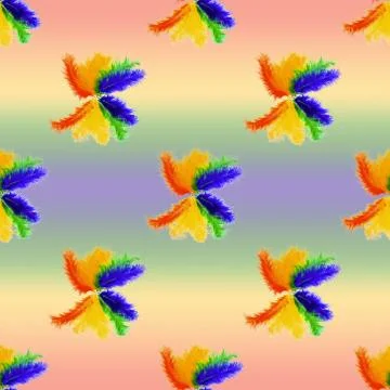 Seamless pattern of lined in rainbow colored bird feathers on a rainbow Foto stock