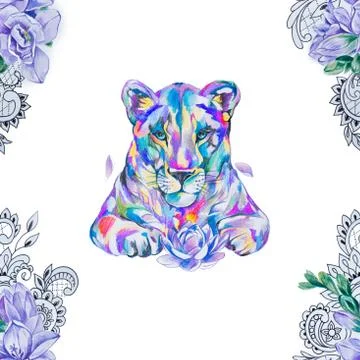 Seamless pattern of lion and branches with flowers on a white background. Stock Illustration