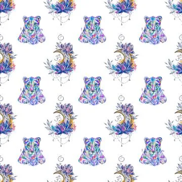 Seamless pattern lion and crescent with flowers on a white background. Stock Illustration
