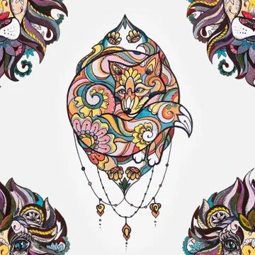 Seamless pattern of lion and fox in flowers on a white background. Stock Illustration