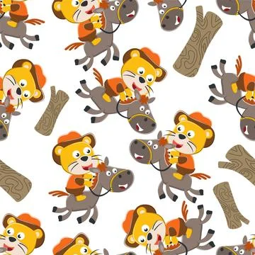 Seamless pattern of lion  the cowboy riding a brown horse, Stock Illustration