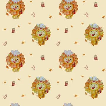 Seamless pattern with a lion. Cute character - happy lion chef in a chefs hat 스톡 일러스트