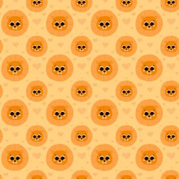 Seamless pattern with lion head in cartoon style on yellow background, hearts Stock Illustration