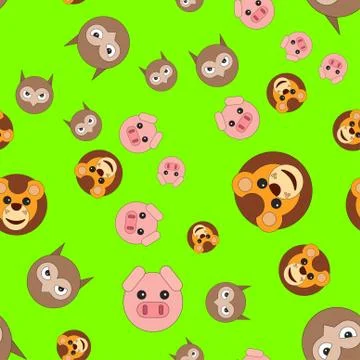 Seamless pattern of lion head pigs and owls Stock Illustration