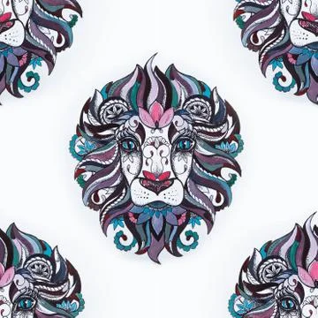 Seamless pattern of a lion head on a white background. Illustrazione stock