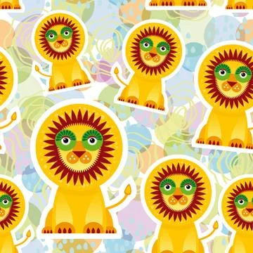 Seamless pattern with lions on the abstract background with circles and drops Stock Illustration