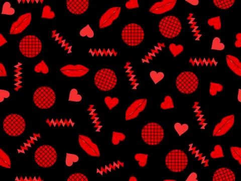 Seamless pattern with lips and geometric shapes. Red and black background col Stock Illustration