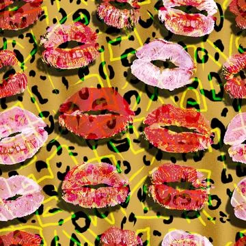 Seamless pattern with lips and leopard print.Hand-drawn wild animal skin texture Illustrazione stock
