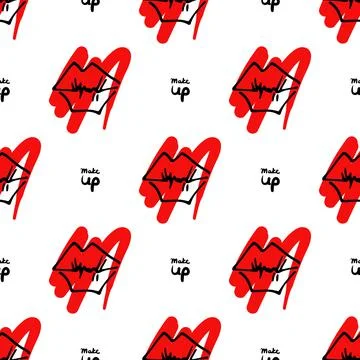 Seamless pattern with lips and the lettering Make up. Abstract red background Stock Illustration