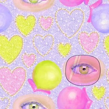 Seamless pattern lips with gum eyes shiny pearl hearts on a shiny background Stock Illustration